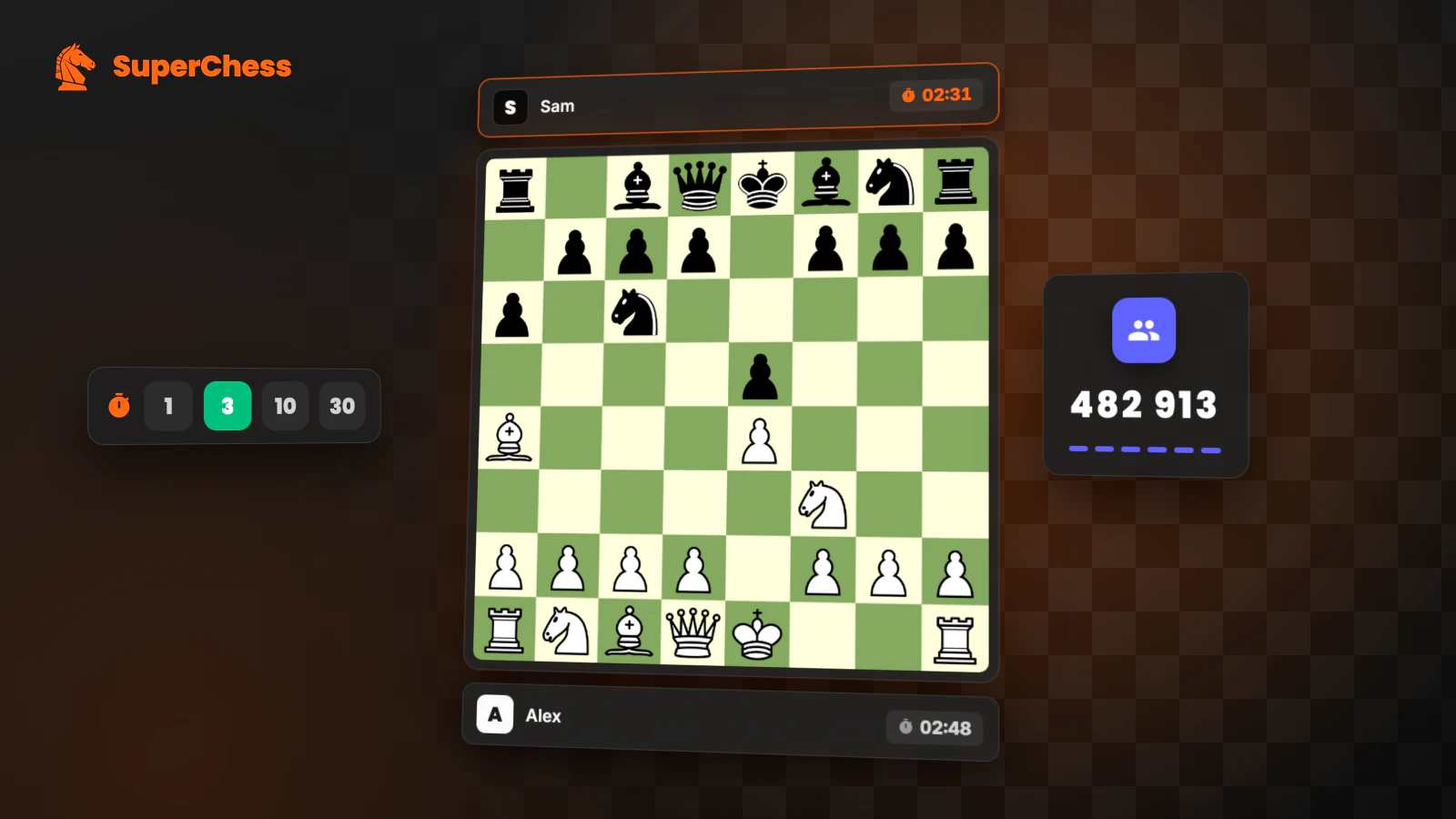 A private SuperChess room: share the 6-digit code and play chess with a friend